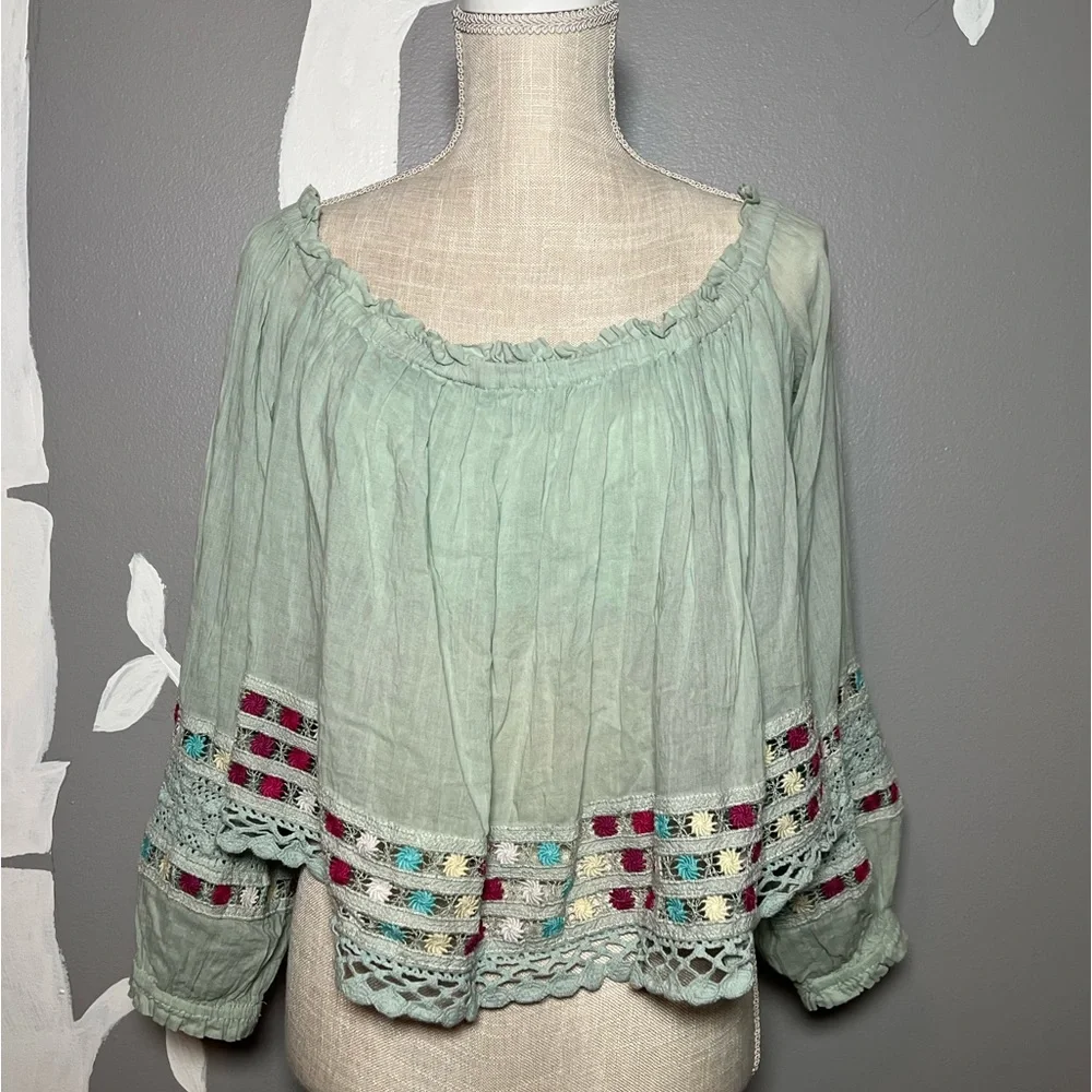 FREE PEOPLE Wander the Unknown Mint Green Off-the-Shoulder Crochet Cropped Top